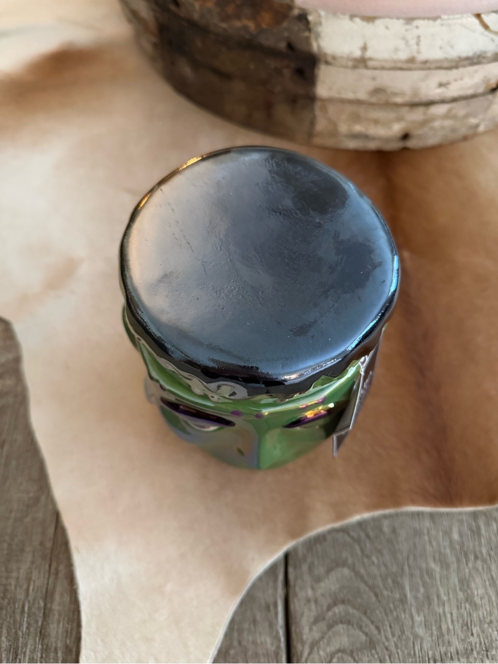 Brand NWT Martha Stewart Iridescent Green Frankenstein Face Candle Jar - Picture 9 of 13